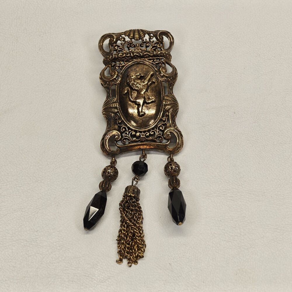 Large Gold Tone Lion Brooch Black Bead Chain Tassel Baroque Statement Jewelry 3D
